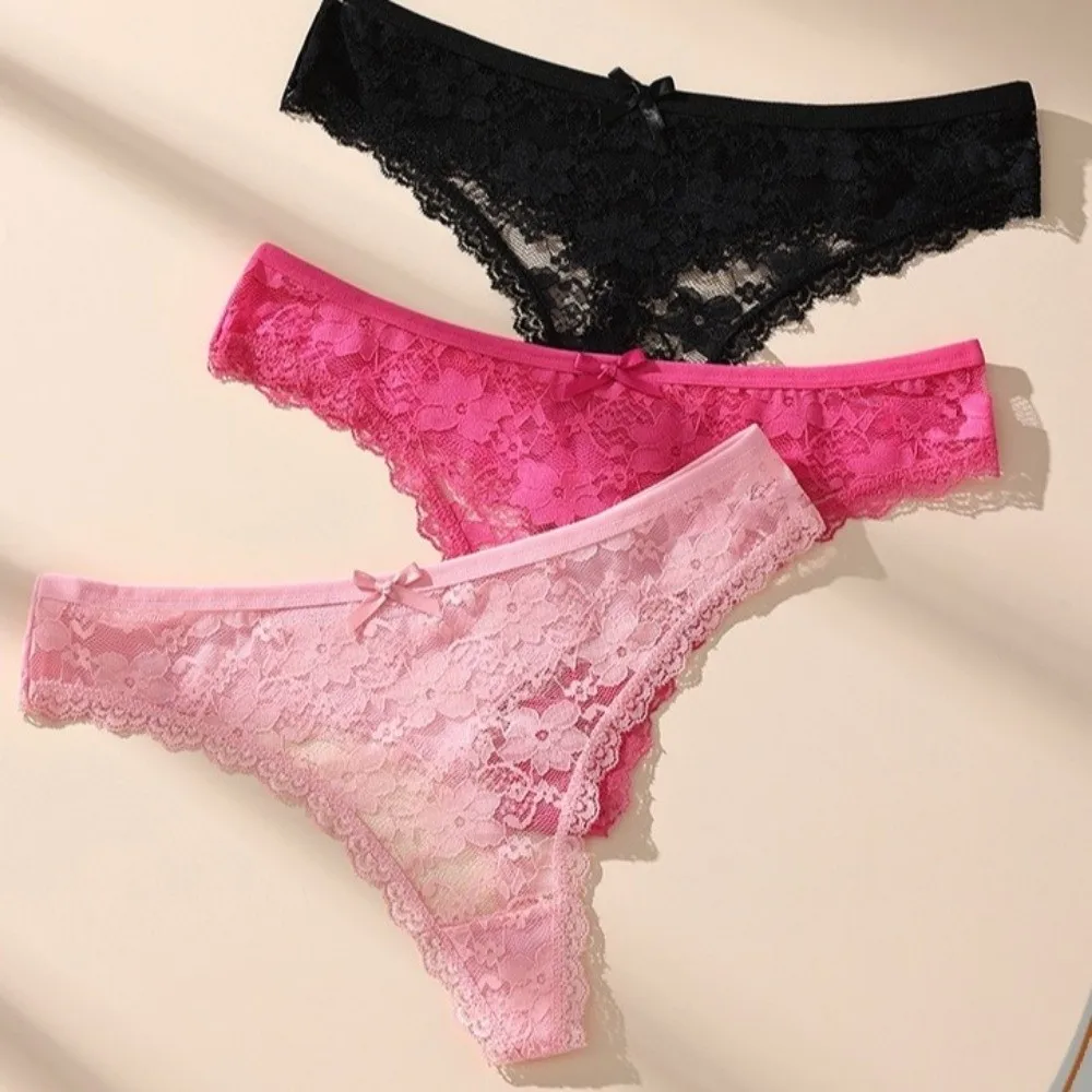 Solid Color Low Waist Women Lace Thong Transparent Underwear Mesh Briefs Hollow Out Lingerie Lace Panties Women