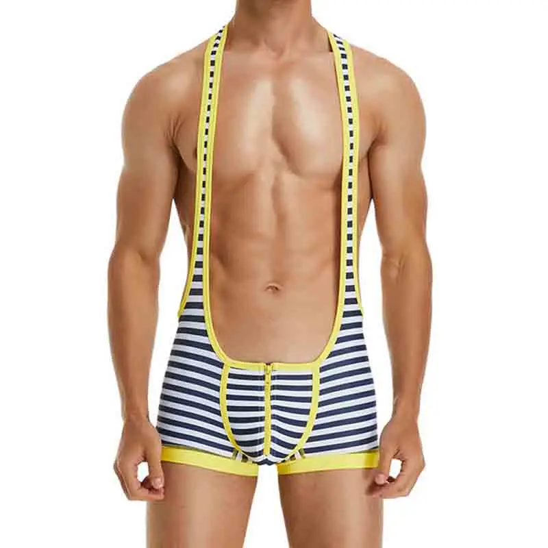 

Stripe Undershirts Suits Sexy Men JumpSuit Exotic Super Soft Undershirt Open Butt Wrestling Singlet Breathable BodySuit Sport