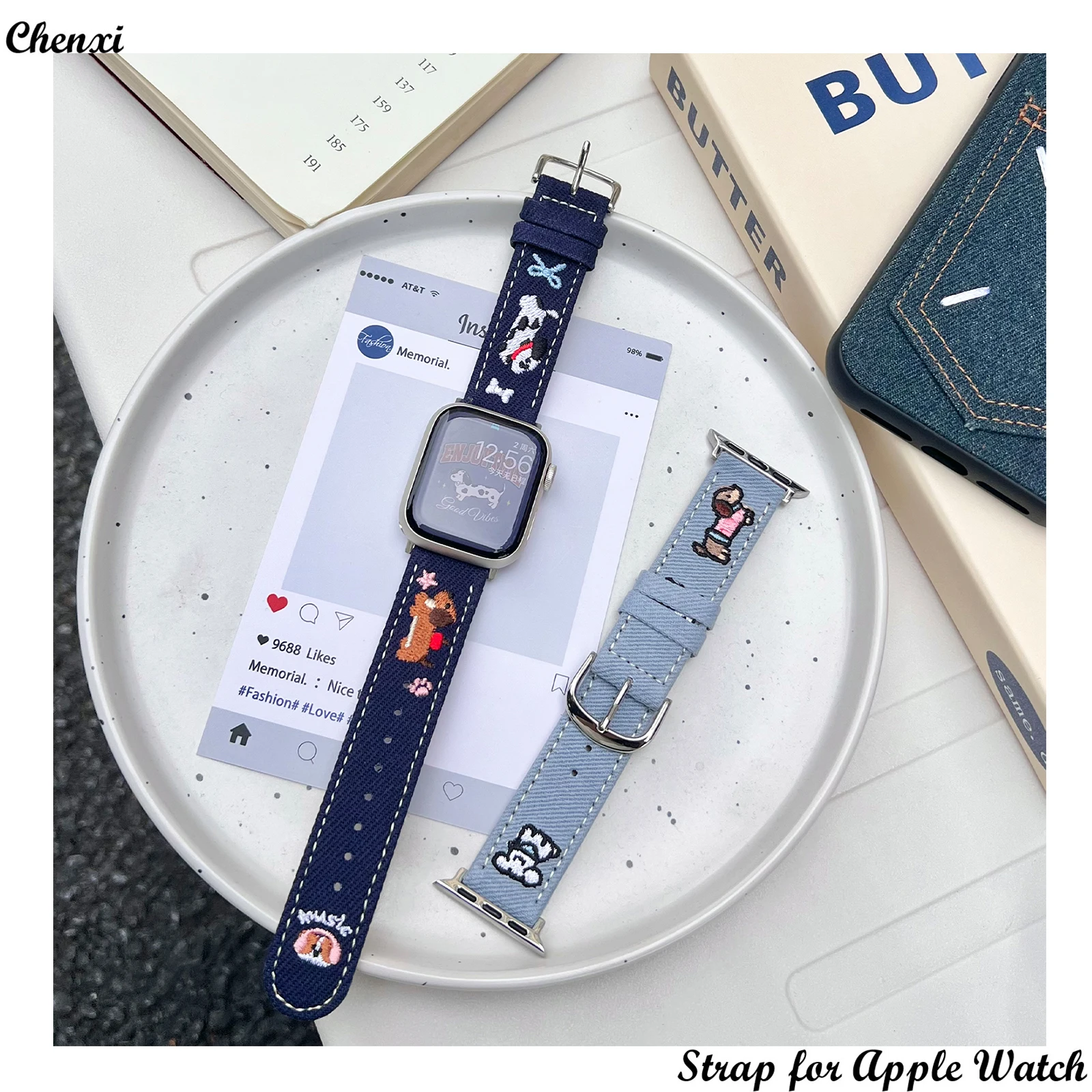 Embroidered Strap for Apple Watch Band Cute Dog Bracelet Chain with Iwatch98765SE Ultra40 41 44 45mm Girl Denim Stone Wrist