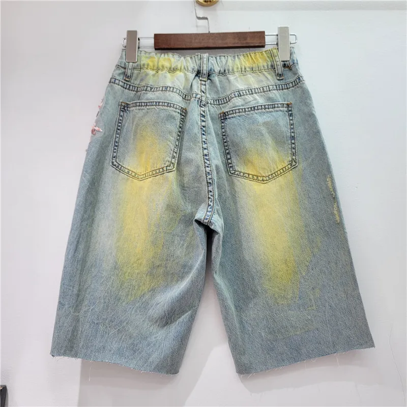 Summer Women Flowers Embroidery Sequined Denim Shorts High Waist Contrast Color Butterfly Short Jeans Pants Slim Short Trousers