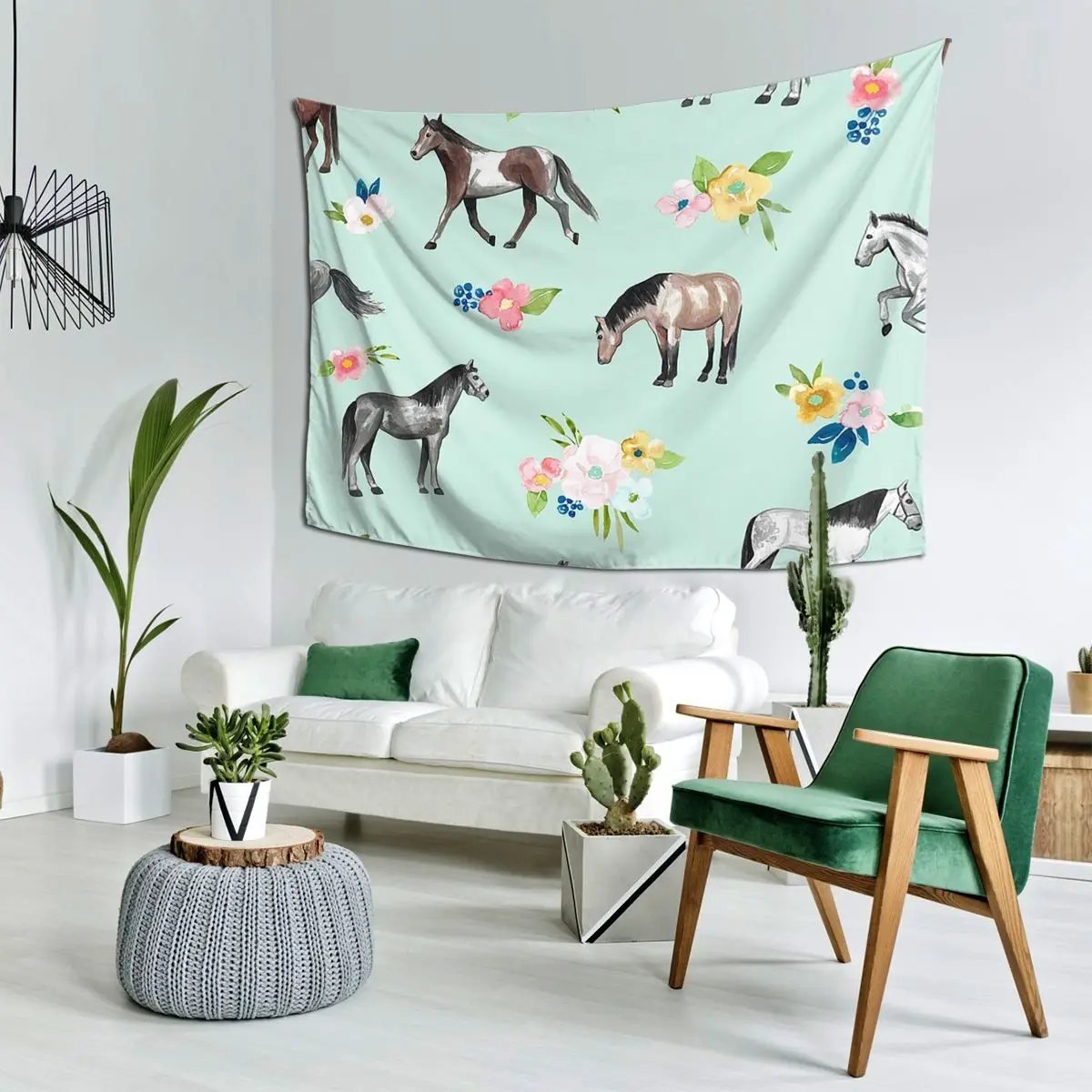 

Horses And Flowers, Mint Blue, Horse Art, Horse Decor, Pink Flowers Tapestry Wall Hanging Aesthetic Home Decor Tapestries