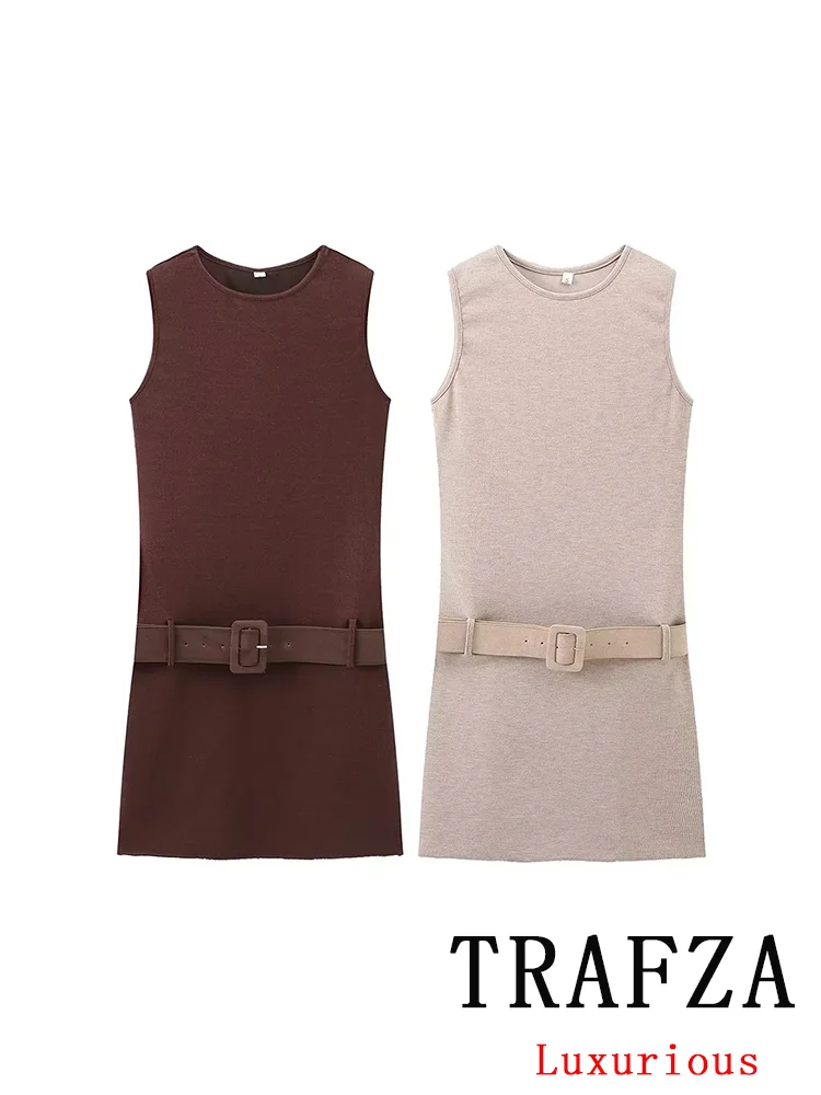 TRAFZA Vintage Casual Sexy Chic Women Dress Solid Sleeveless O-Neck Sashes Mini Dress New Fashion 2024 Autumn Female Dress