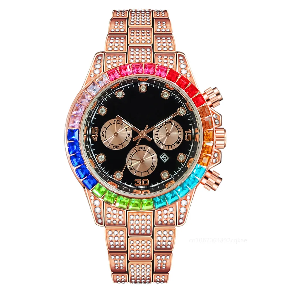 Luxury Men Watches Colorful Quartz Wristwatches Rhinestone Watch Calendar Watch Male Clock Gift Relogios Masculino Montre Homme