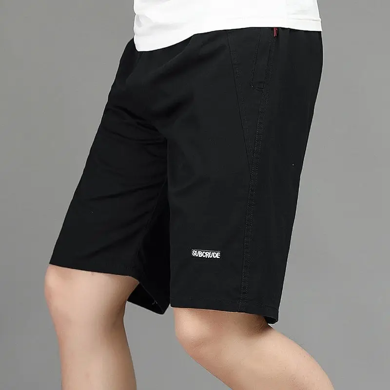 Shorts retos soltos casuais masculinos, outwear de algodão fino, calça de 5 pontos, bordado sólido, elástico na cintura, bolso para desenho, verão