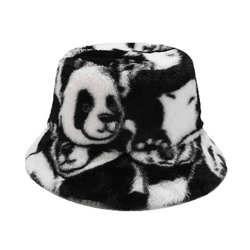 Panda Print Faux Fur Bucket Hat Winter Cap For Women Men Outdoor Warm Fluffy Fisherman Hats Panama Bob