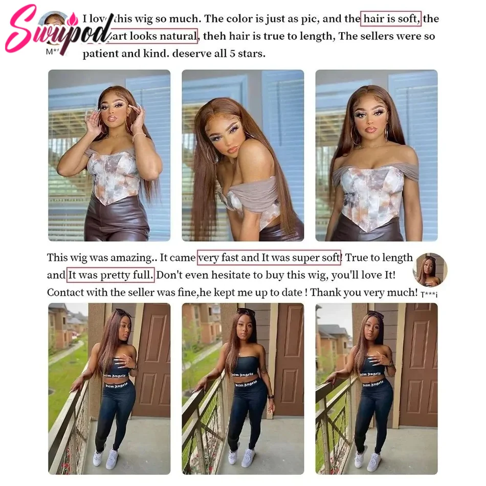 360 풀 HD 레이스 여성용, 스트레이트 웨이브 레미 인모, 다크 브라운 200%, 13x6 투명 HD 레이스 프론트 가발, #4, 13x4