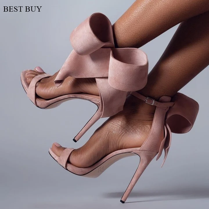 Silk red Pink Woman Sweet Bow Knot Elegant Ankle Strap Party Sandals Stilettos High Heels White Wedding Runway Shoes Open Toe