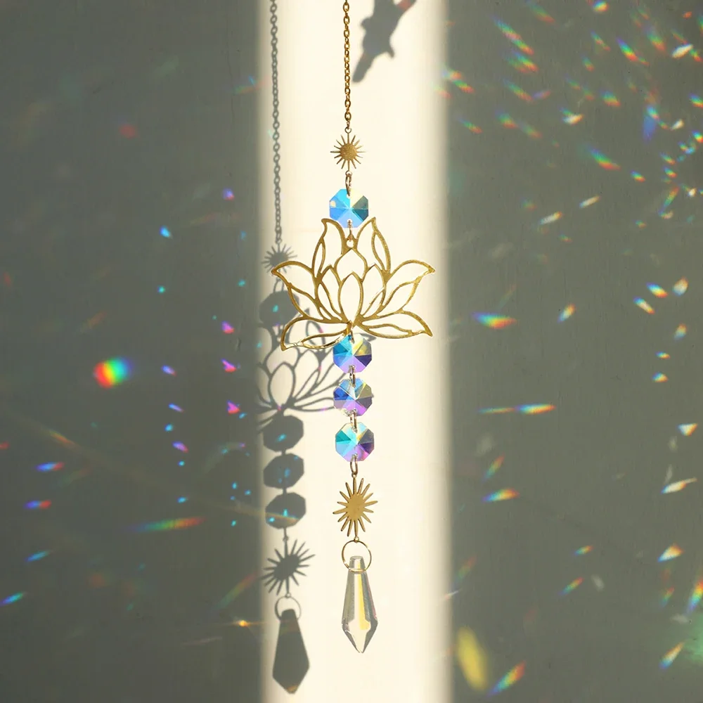 Lotus Sun Catcher Chakra Hanging Crystals Rainbow Suncatcher Charm Stained Glass Prism Sun Catchers Window Garden Home Decor