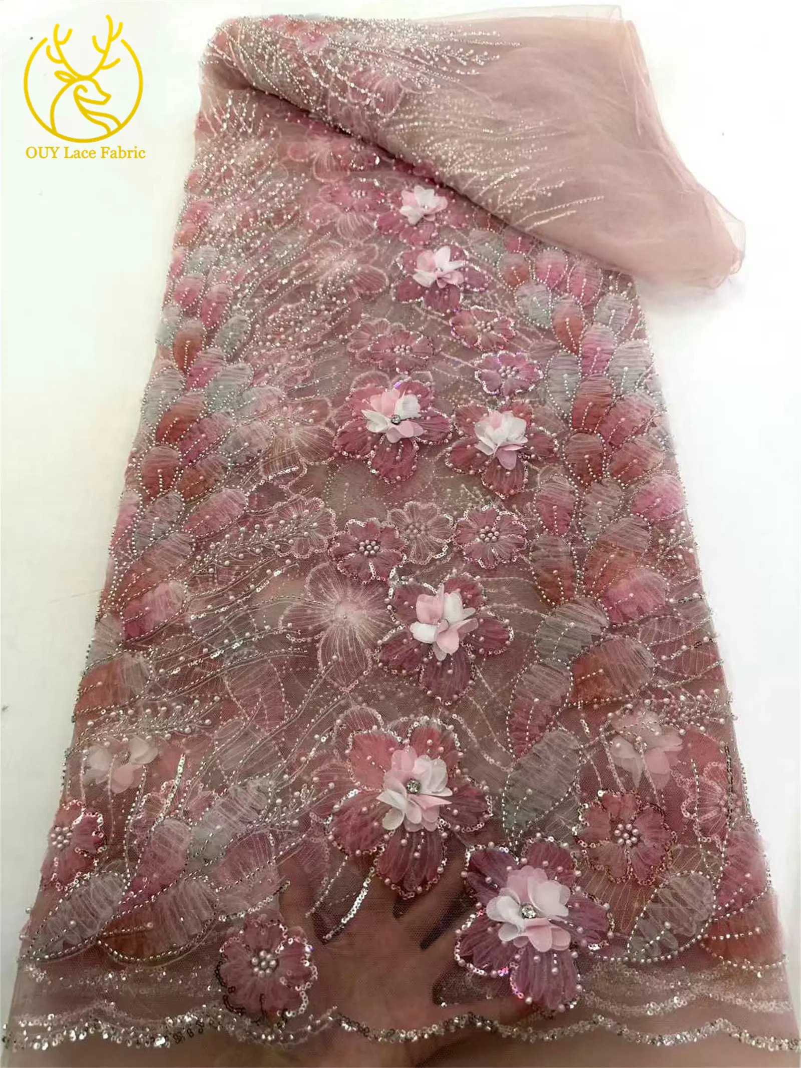 3D-Mesh-Blumen Silber Perlenbesetzter Hochzeitskleid-Spitzenstoff 2026 Afrikanische Französische Pailletten-Stickerei Tüll für Brautparty-Näharbeiten – Detail 16