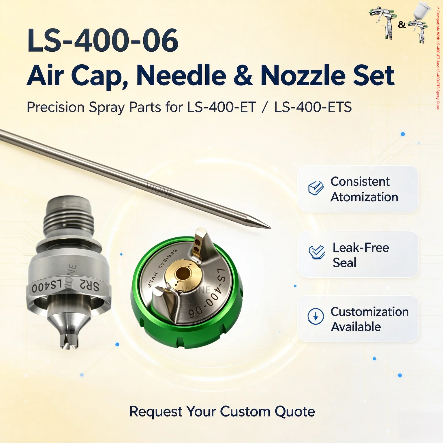 Japan LS-400-06 Air Cap, Needle & Nozzle Set Fine atomization Corrosion resistance Compatible with the LS-400-ET/ETS series