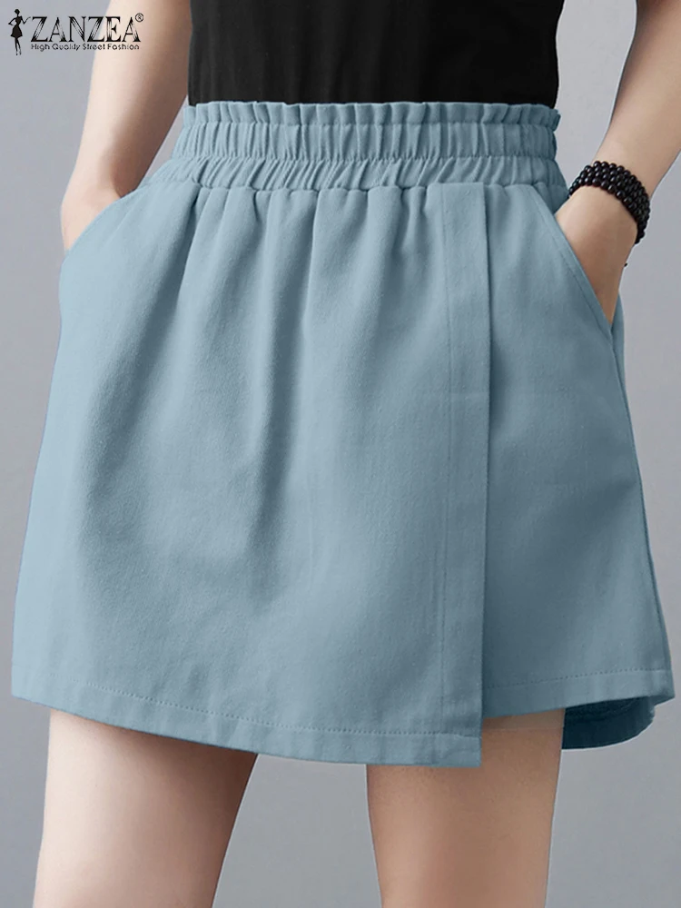 Women Casual Elastic Waist Solid Shorts ZANZEA Summer Trousers Elegant Loose Wide Leg Pantalon Stylish Holiday Work Palazzo 2025