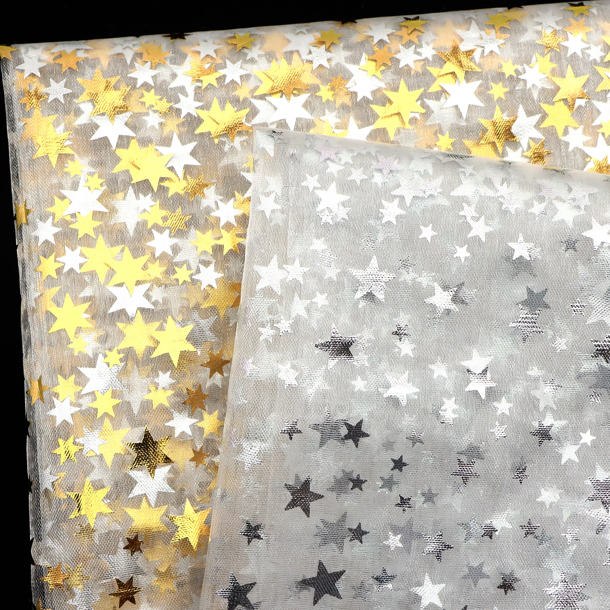 Pre-cut 1Pc -19.68x59 inches (50x150cm)for Quilting Patchwork, Golden Silver Star Organza Fabric Precut- Perfect