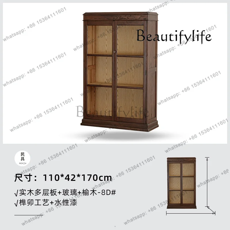 خزانة عرض زجاجية من الخشب الصلب للمنزل القديم الأمريكي الريفي القديم، خزانة جانبية عالية طبق الأصل من اليابانية العتيقة