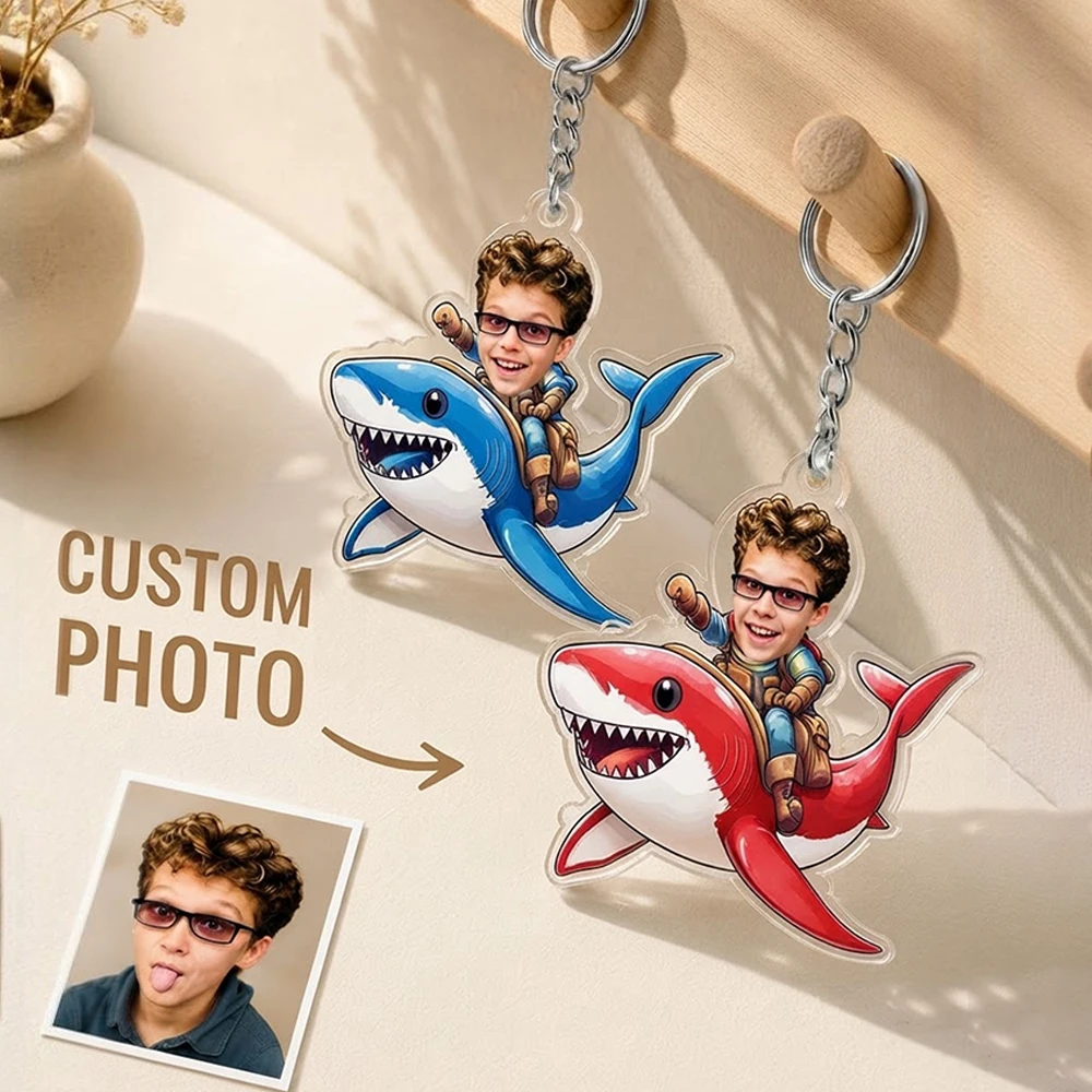 Custom Photo Cartoon  Keychain,Personalized Shark Rider Key Ring,Fun Keepsake Accessory,Backpack Decor,Birthday Gift For Kids