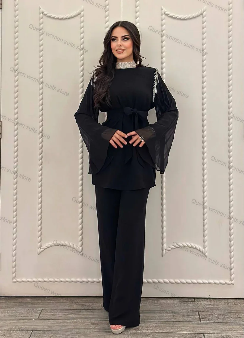 Crystals Black Women Suit Pants Set 2 Piece Blazer+Trouser Wedding Tuxedo With Necklace Formal Office Lady Jacket Tailored Size