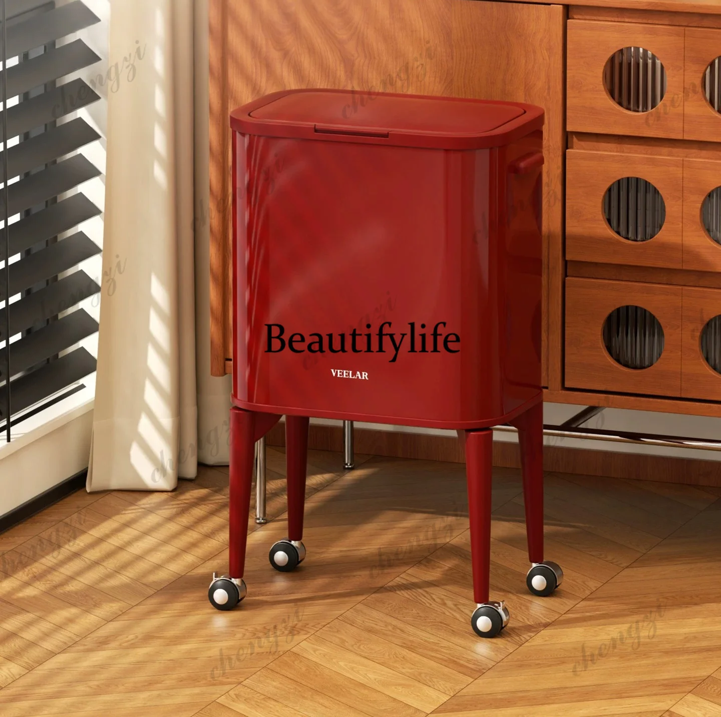Kitchen Trash Can Living Room No Bend Tall Home Large Capacity Pulley Removable Pulley Red