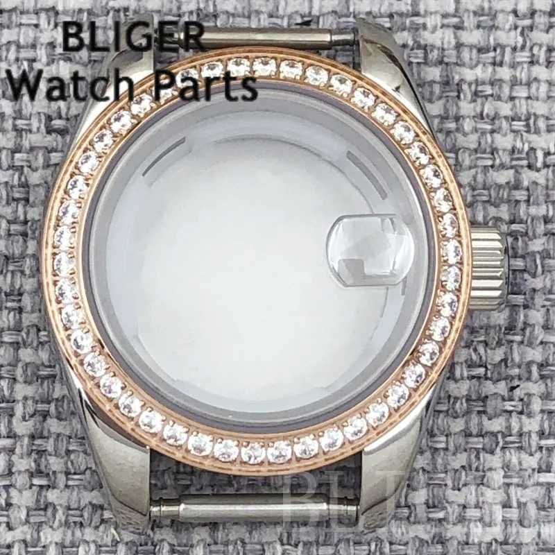 BLIGER NH05 06 28mm Cassa per orologio da donna Oro rosa Argento rivestito Anello con diamanti Vetro zaffiro Misura quadrante da 20,5 mm Adatto al movimento NH05 NH06