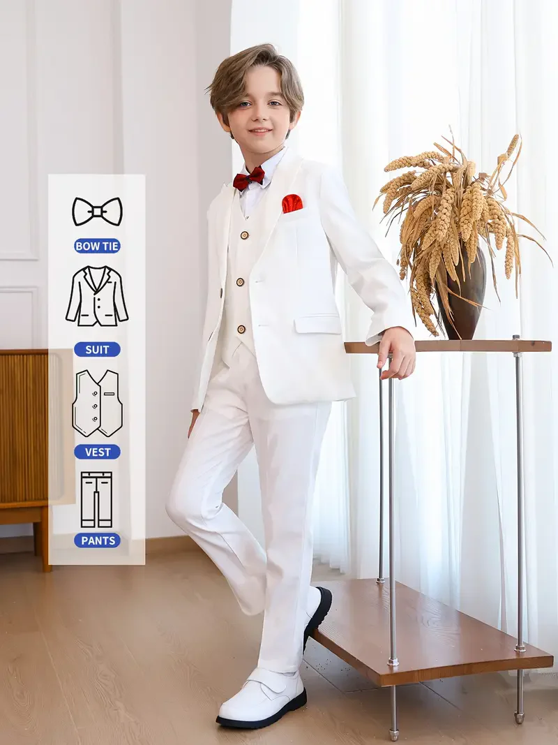 Boys White 5Pieces/Set Jacket Vest Pants Bowtie+Pocket Cloth Wedding Suit Children Birthday Party Dress Kids Performance Costume 2