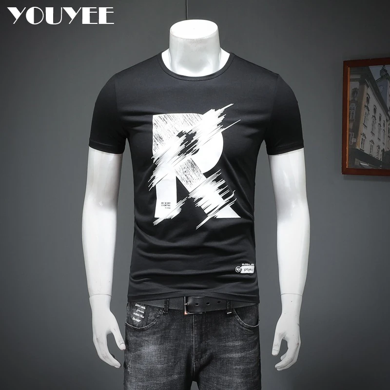 Mens Causal T-shirt Short Sleeve Summer Fashion Alphabet R Print Pink Tees Youth Base Tops O-Neck High Quality Man Clothing M-4X