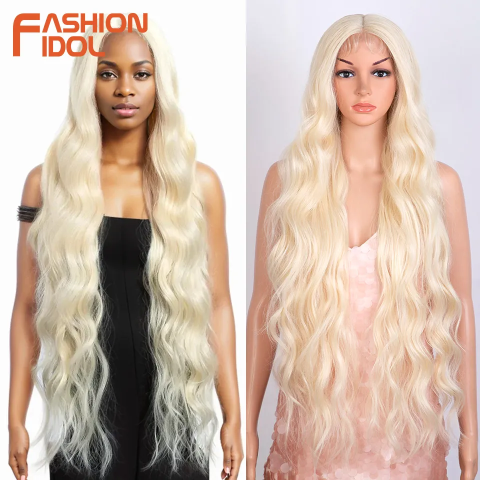 FASHION IDOL 36 Inch Deep wave Lace Front Wigs For Black Women Ombre 613# White Heat Resistant Long Wavy Cosplay Wigs Synthetic