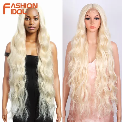 Imagen 1 del producto FASHION IDOL Pelucas delanteras de encaje de onda profunda de 36 pulgadas Ombre sintético 613 # Pelucas onduladas largas resistentes al calor blancas de Cosplay para mujeres negras