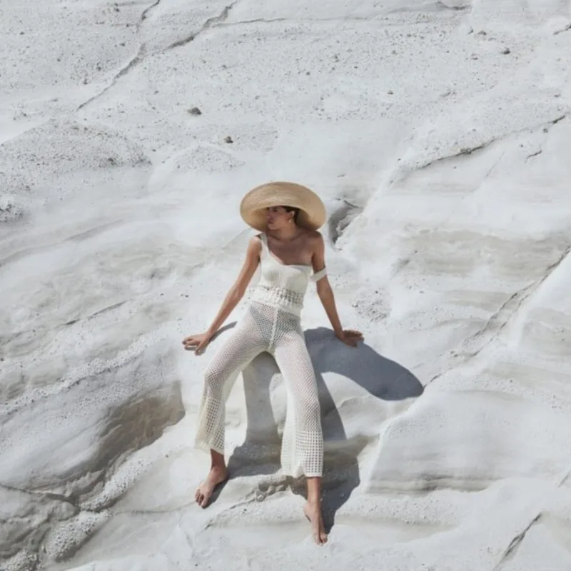 新入荷：官能的なレースアップシアーオーバーサイズノースリーブビーチシャツとカジュアルリゾートパンツ - 日焼け防止セット