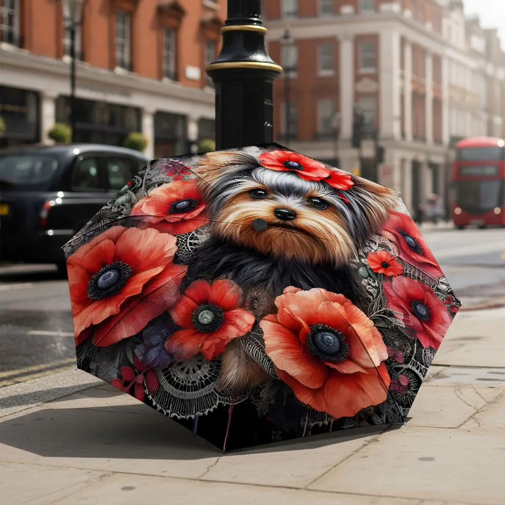 1P C Colorful Dog and Poppy Flowers Umbrella Design Print 8 Iron Ribs Folding Umbrella Auto-Open Fashion Sunshade