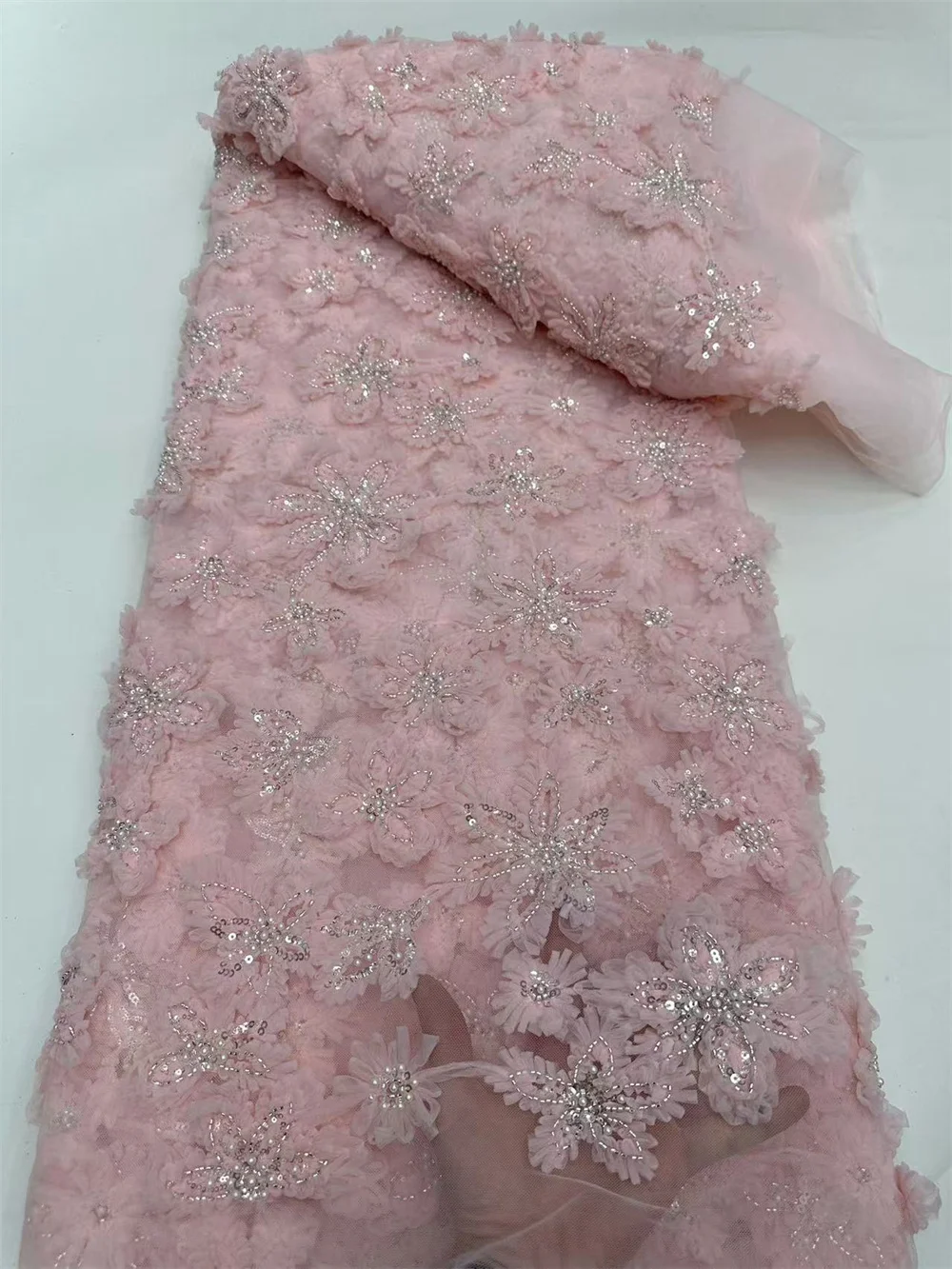 Peach African Beaded Lace Fabric 2025 High Quality Groom Nigerian Wedding Bridal Sequins Embroidery French for Dresses 5Y Q212-1