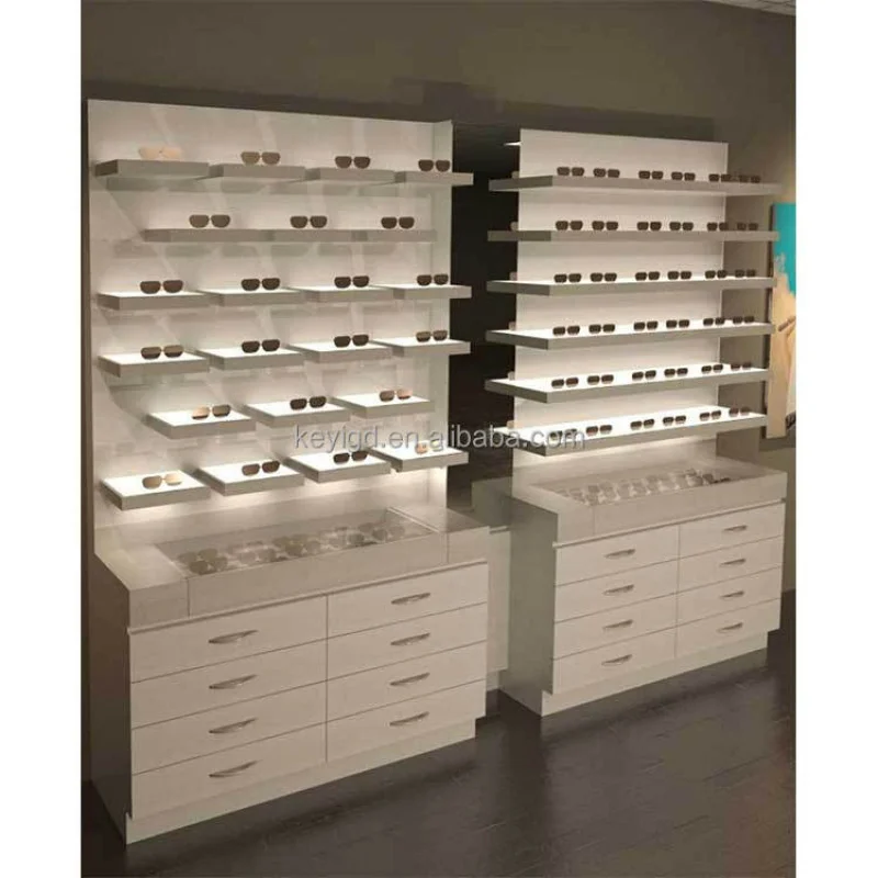 custom.MDF Glass Wall-Mounted Optical Display Cabinets LED Light Shelf Drawer Sunglasses Retail Store Shop Disp