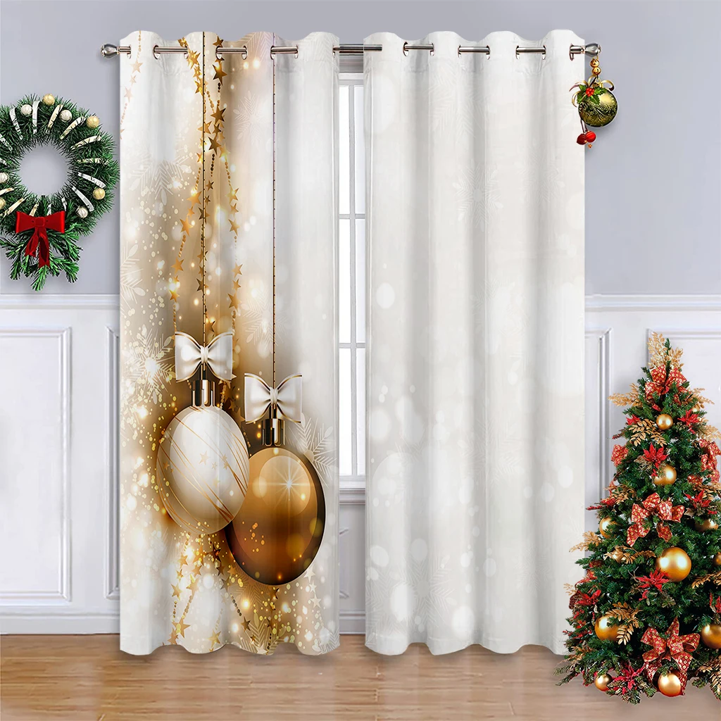 2pcs Modern Minimalist Curtains Featuring A Champagne-Colored Christmas Bauble Print; Festive Christmas Decorative Curtains.