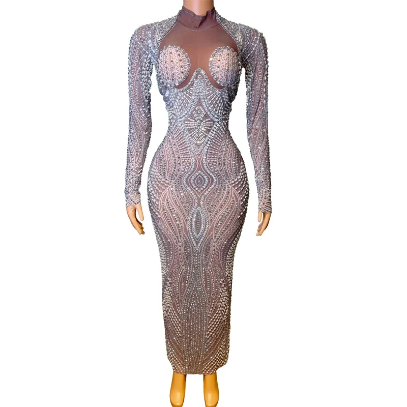 Vestido completo de pérolas com strass, vestido feminino para festa de casamento, comemoração de noite, roupa de baile, performance de palco, fantasia de festival xs7140