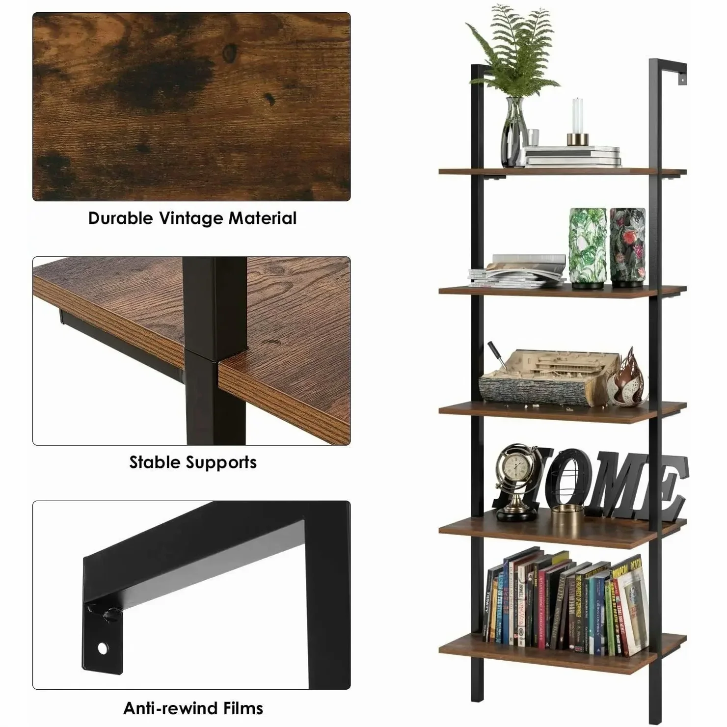 Homfa Industrial Ladder Shelve Display Stand Shelving Unit Book Shelf Wall Rack Storage for Book Rack for Room 60x35x185cm