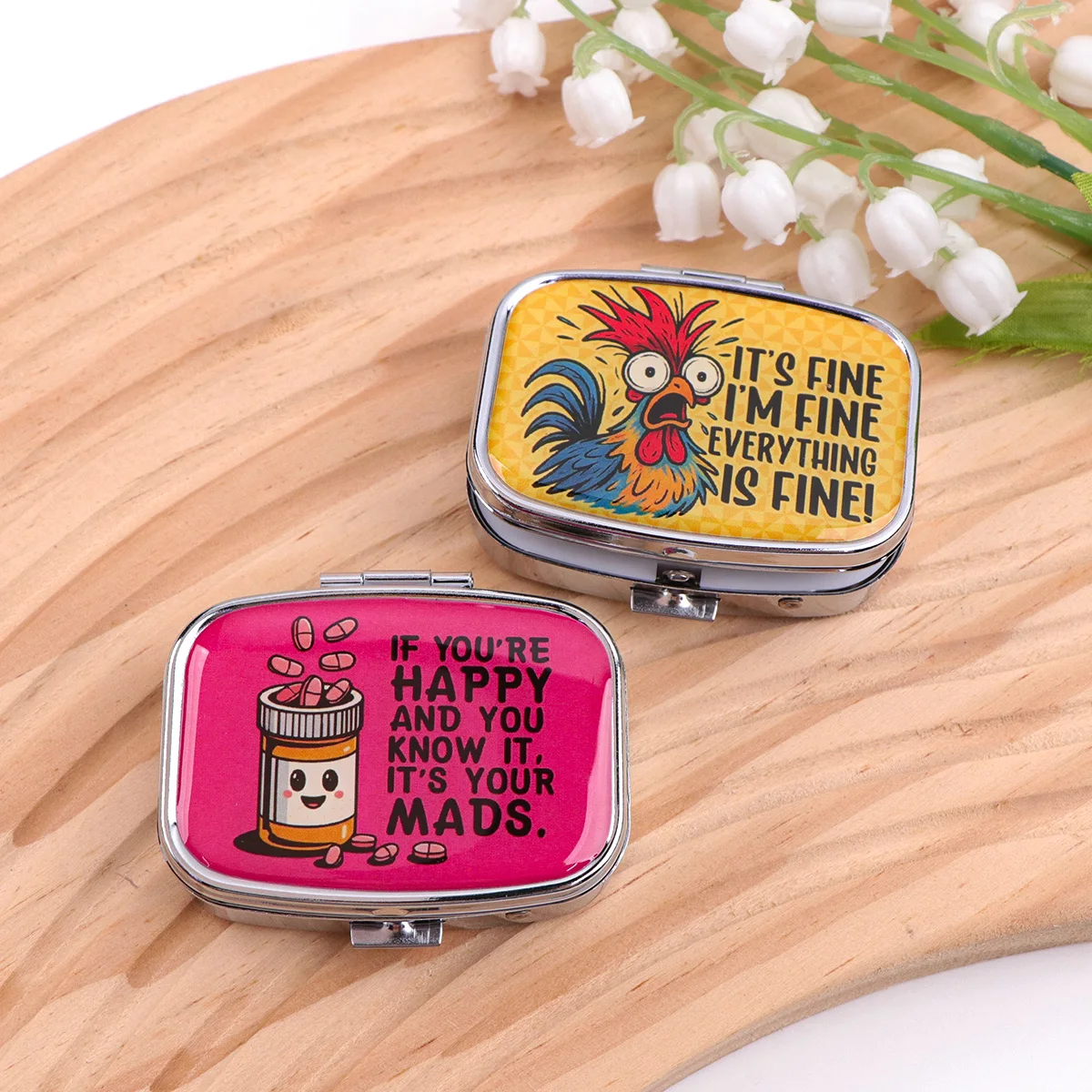 Funny Cat Pill Case Print Metal Pill Case 2 Compartments Portable Travel Mini Pill Box Humor Quotes Pocket Medicine Holder Gift