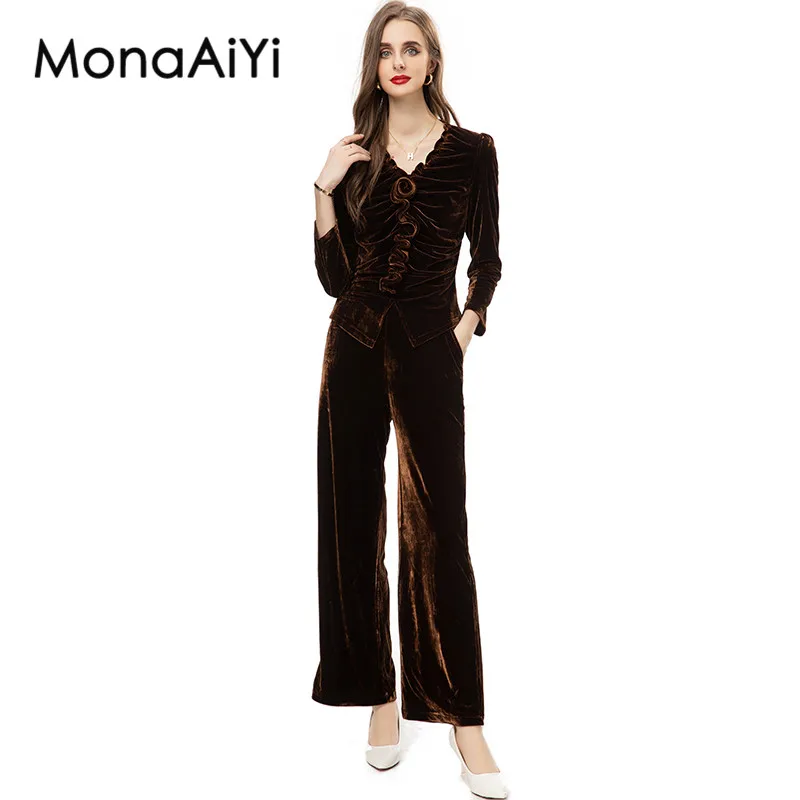 

MonaAiYi HIGH QUALITY Runway Fashion Designer Women's V-Collar Elegant Slim Solid Color Silk Top+Long Wide Leg Pants Set 2pcs