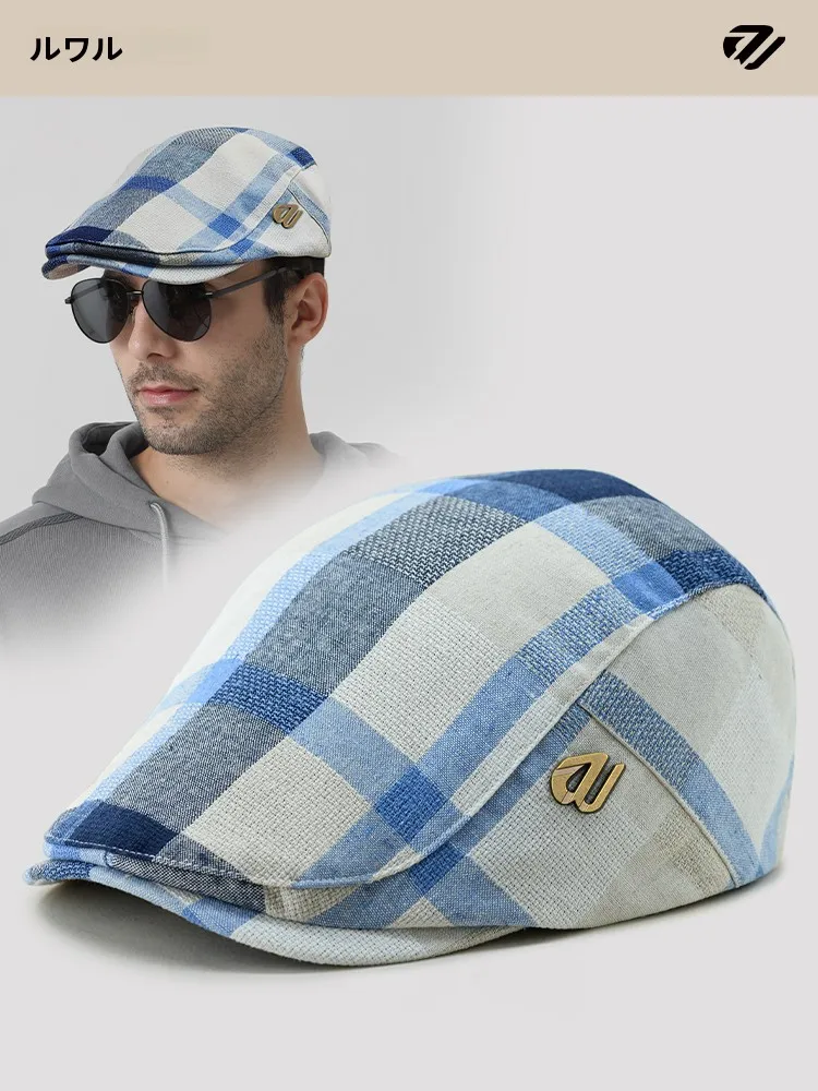 lovali-春秋ヴィンテージチェック柄ベレー帽男性アウトドアカジュアルファッション調節可能なダックビルキャップトレンディなグリッドパターン綿素材