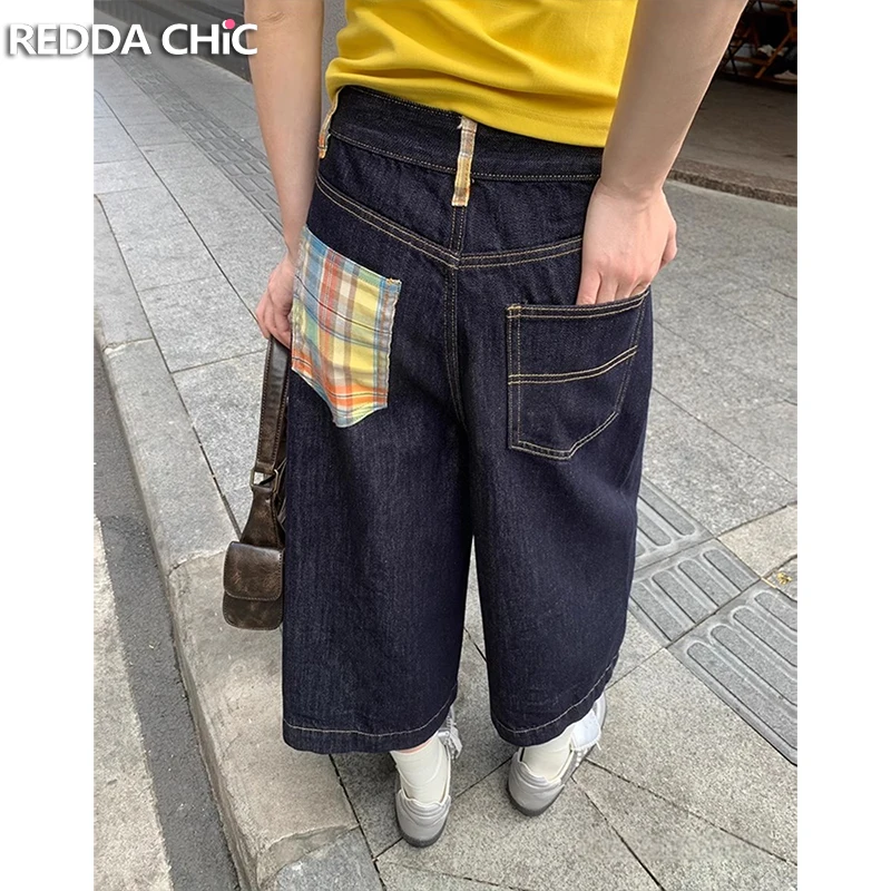

ReddaChic клетчатые карманы мешковатые джерсовые шорты Kidcore повседневные свободные прямые джинсовые брюки ретро Y2k летняя женская спортивная одежда