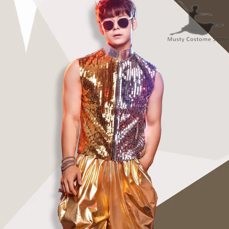 Shining Gold Stage Costumes For Singers Mens Hiphop Haren Pants Burning Man Festival Clothes Nightclub Outfits DJ Costume