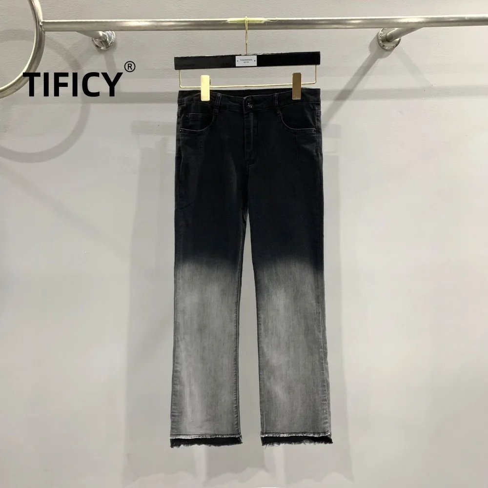 High Street RO Style Denim Pants Women's Washing Process Black Gray Gradient Denim Slightly Slimming and Versatile Jean Pants