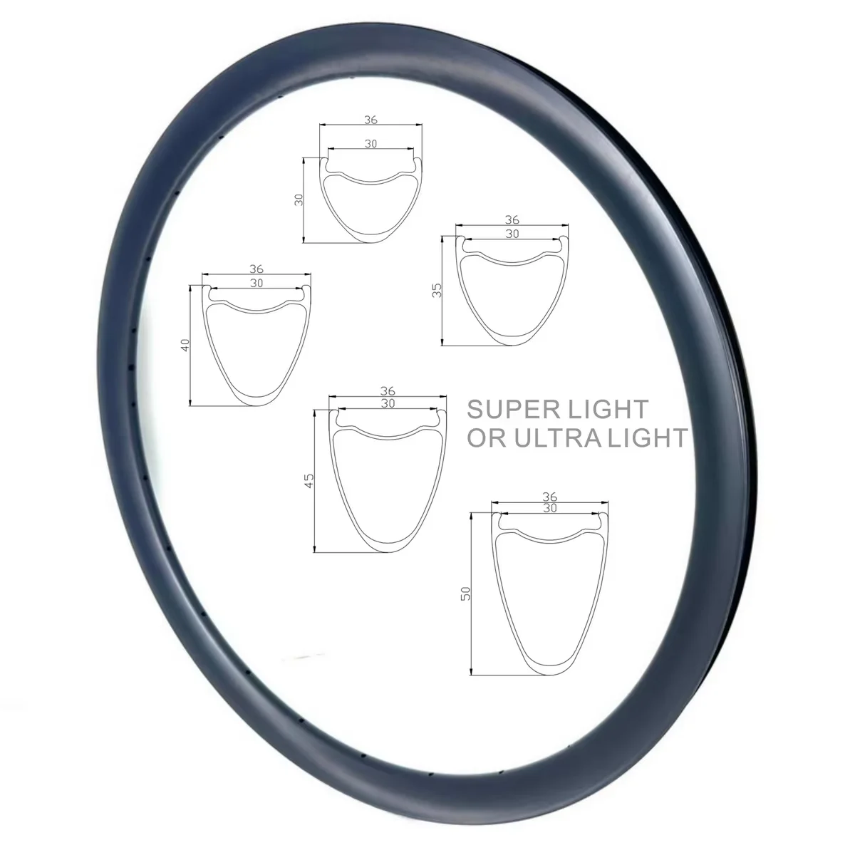 700C Gravel Bike Carbon Rim Tubeless Hook 36mm External 30mm Internal Width 30mm 35mm 40mm 45mm 50mm Toray T700 T800