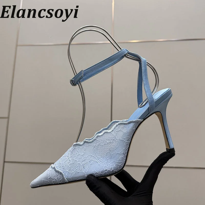 New Sandalias Women Lace Mixed Colors Sexy Thin Heels Fairy Sandals Summer 2026 Pointed Toe Back Strap High Heels Banquet Shoes