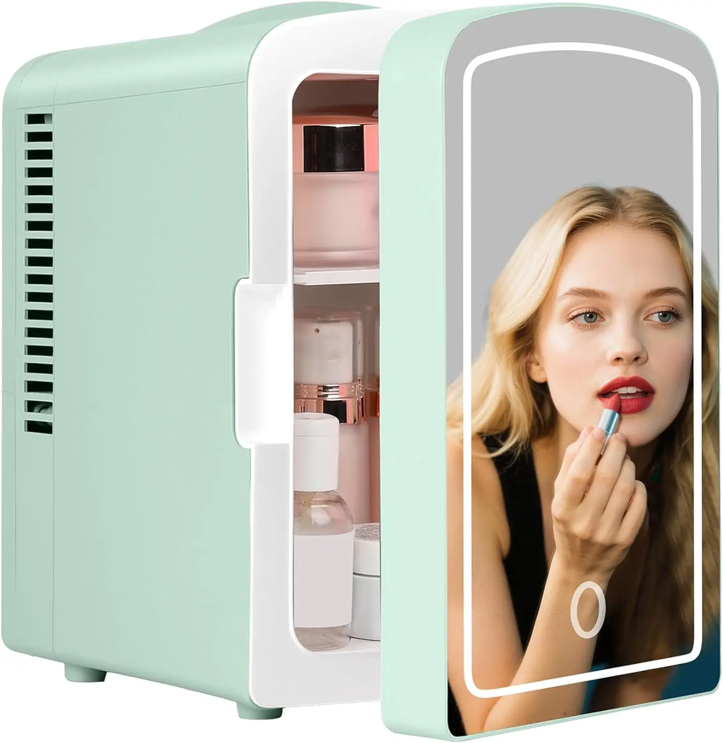 

Mini Skincare Fridge, 4L Compact Refrigerator with LED Mirror, for Beauty & Beverages – Green