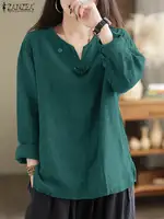Vintage Women Blouse Autumn Long Sleeve Shirt Female V Neck Work Holiday Blusas ZANZEA Casual Solid Loose Shirt Cotton Chemise - Image 4