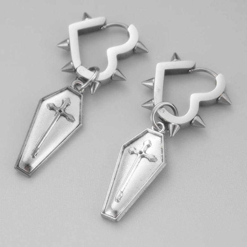 Gothic Style Rivet Hoop Coffin Dangle Earrings Grunge Punk Y2K Aesthetic Cross Drop Earrings for Women Men Party Accessories
