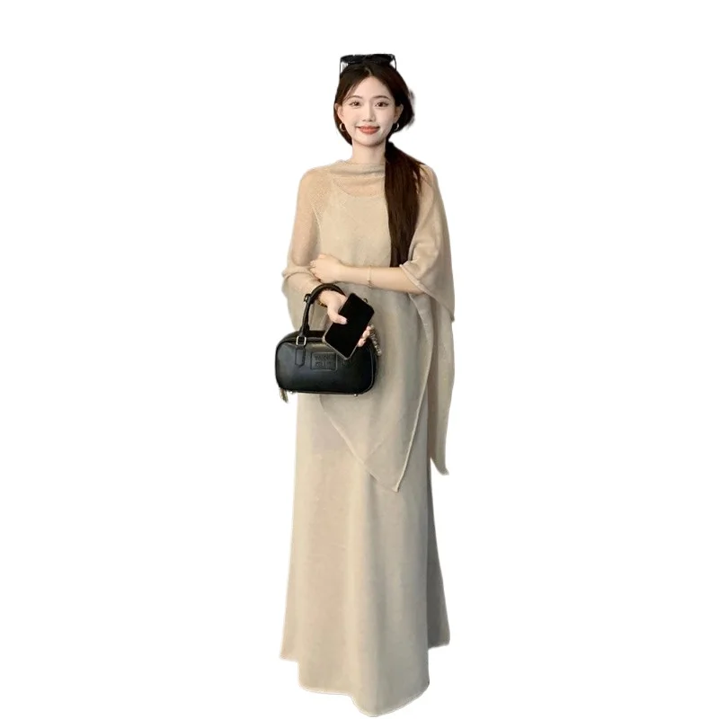 

Летний комплект из двух предметов: вязаная блузка-накидка и платье на бретельках Lazy Wind, полупрозрачное, асимметричное, 2026