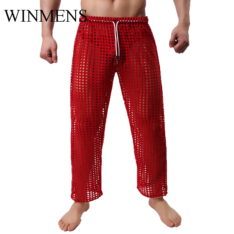 Men\'s Sleep Bottoms Cut-outs Fishnet Pajama Pants For Adult Gay Sissy Erotic See Through Bedtime Trousers Sheer Nightwear