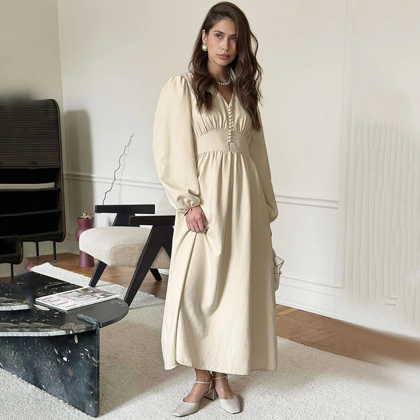 فستان Linad أنيق بني بصدر واحد فستان عتيق بخصر عالٍ طويل على شكل حرف A فستان بأكمام واسعة للشارع للنساء 2025