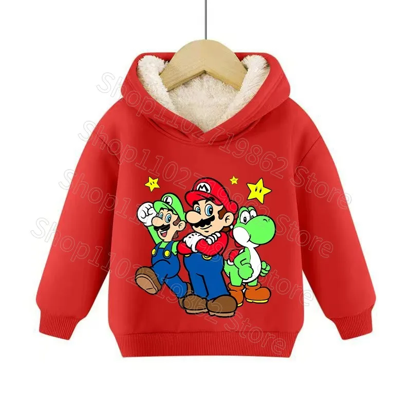 Super Mario Bros Child Velvet Hooded Sweatshirt Princess Peach Boys Girls Winter Clothes Cartoon Character Print Streetwear Gift