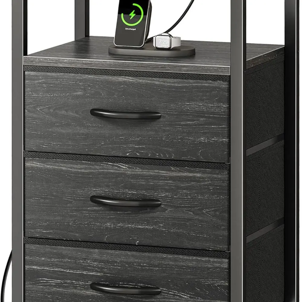 

Charging Station Nightstand, 27.6 End Table with USB Ports and Outlets, Bedroom Side Table, Fabric Drawers, Charcoal Black Wood