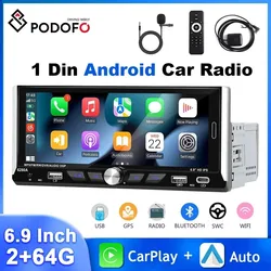 Podofo 1Din Android Car Radio 2+64G Multimedia Player 6.9'' Carplay Android Auto GPS Navigation WIFI Bluetooth 1080P Car Stereo