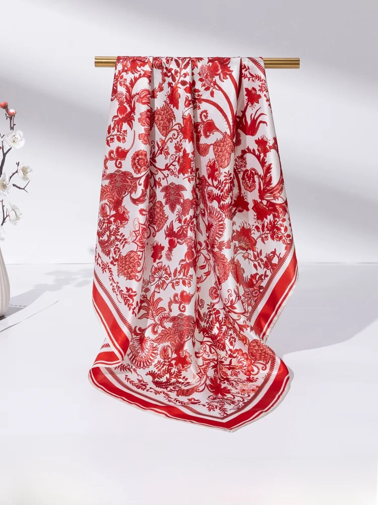 上海ストーリーシルクスカーフ-レッドマルベリーシルク-レディース-大判正方形ネックウォーマー-防風保温-新年ギフト-ママスタイル-春夏秋